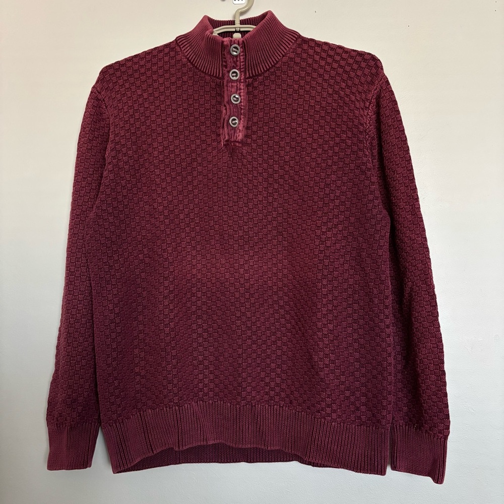 F/X Fusion Button Neck Knit Sweater Men’s Large Burgundy Textured Cotton *Flaw*